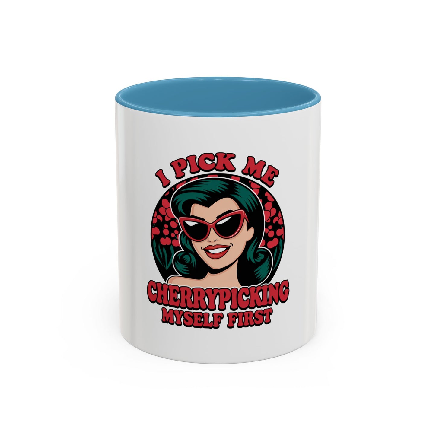 Cherry-Picking Accent Coffee Mug - Fun Gift for Coffee Lovers, Pink Handle Mug, Self-Care Reminder, Retro Design, Perfect for Birthdays,