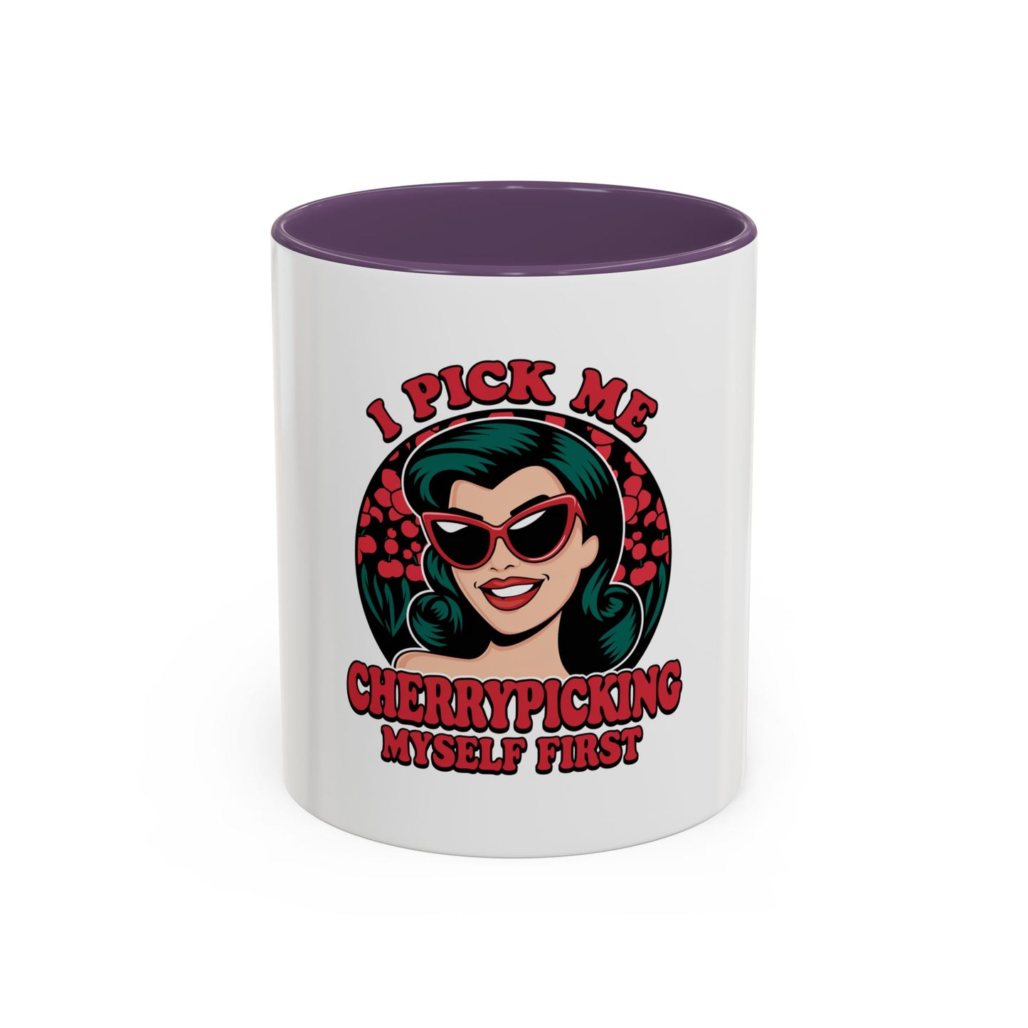 Cherry-Picking Accent Coffee Mug - Fun Gift for Coffee Lovers, Pink Handle Mug, Self-Care Reminder, Retro Design, Perfect for Birthdays,