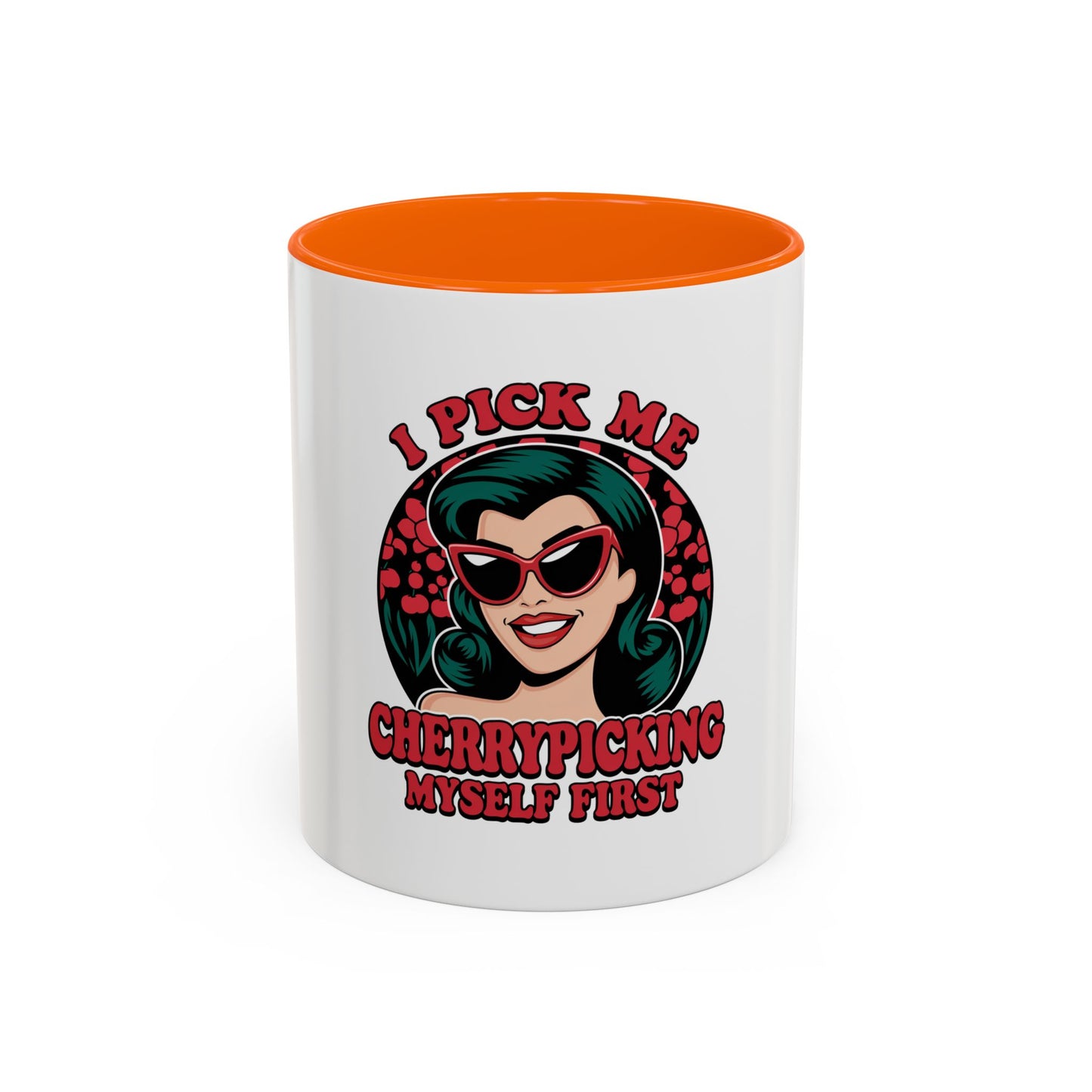 Cherry-Picking Accent Coffee Mug - Fun Gift for Coffee Lovers, Pink Handle Mug, Self-Care Reminder, Retro Design, Perfect for Birthdays,