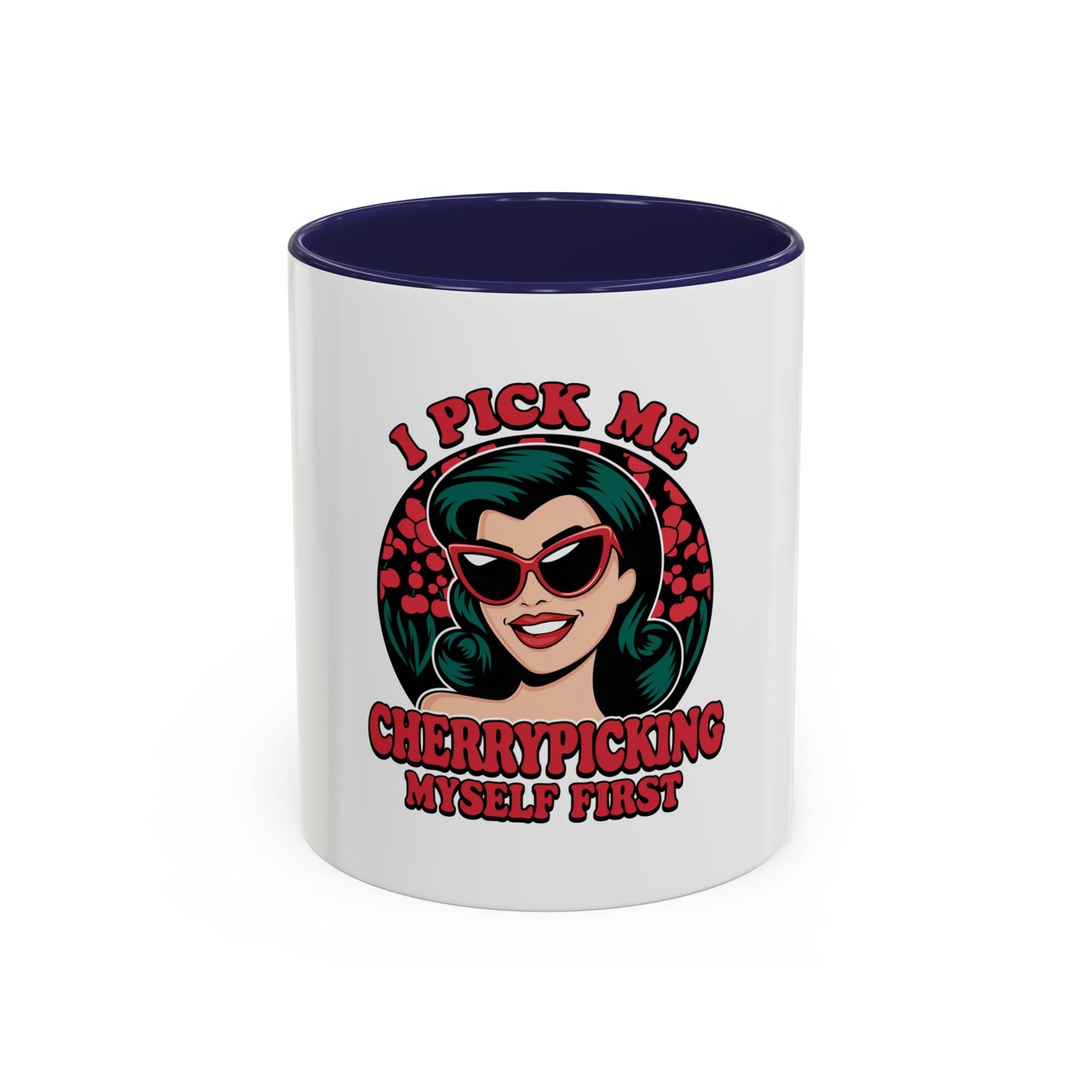 Cherry-Picking Accent Coffee Mug - Fun Gift for Coffee Lovers, Pink Handle Mug, Self-Care Reminder, Retro Design, Perfect for Birthdays,