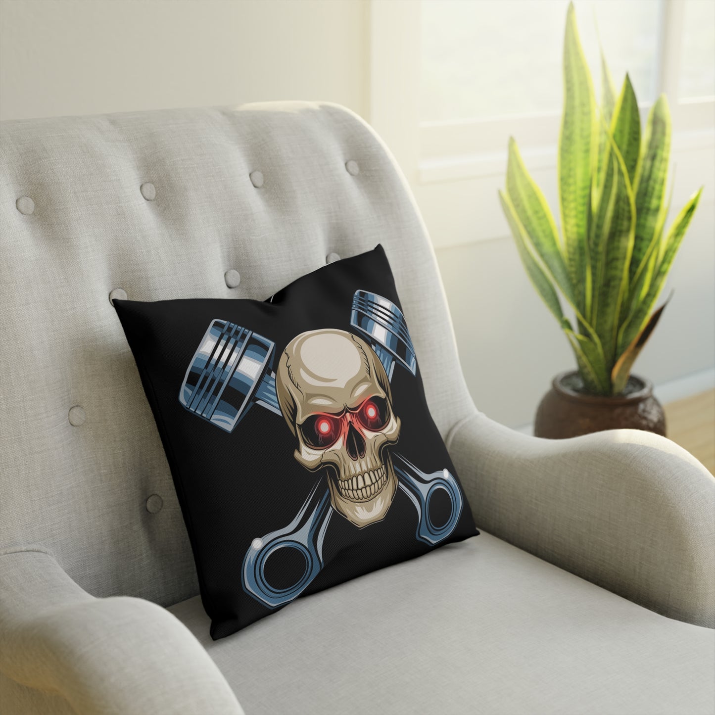 Gothic Skull Piston Cushion, Edgy Home Decor, Motorcycle Enthusiast Gift, Gothic Decor, Halloween Pillow, Statement Throw Pillow