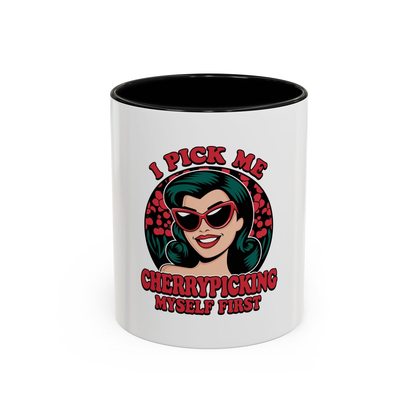 Cherry-Picking Accent Coffee Mug - Fun Gift for Coffee Lovers, Pink Handle Mug, Self-Care Reminder, Retro Design, Perfect for Birthdays,