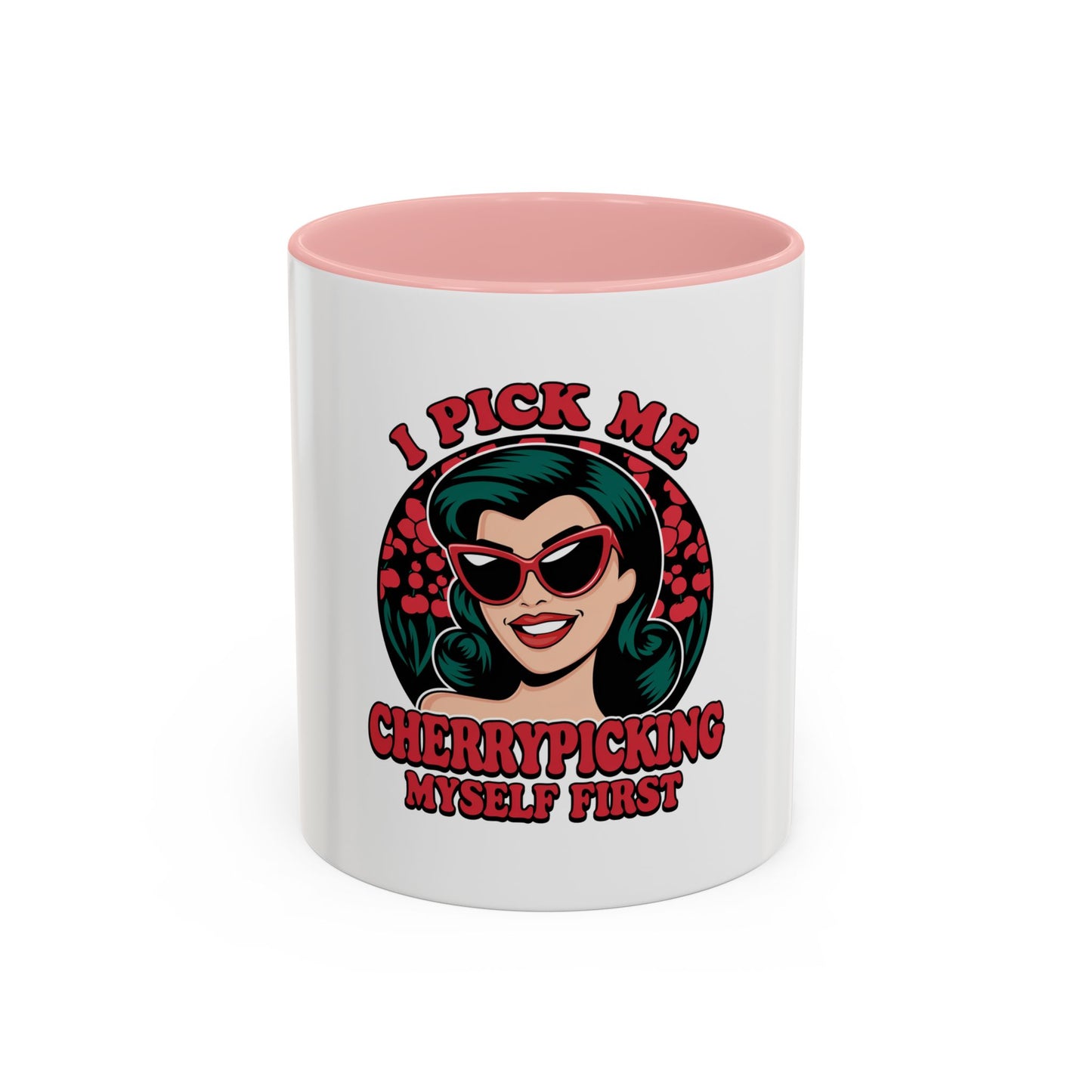 Cherry-Picking Accent Coffee Mug - Fun Gift for Coffee Lovers, Pink Handle Mug, Self-Care Reminder, Retro Design, Perfect for Birthdays,