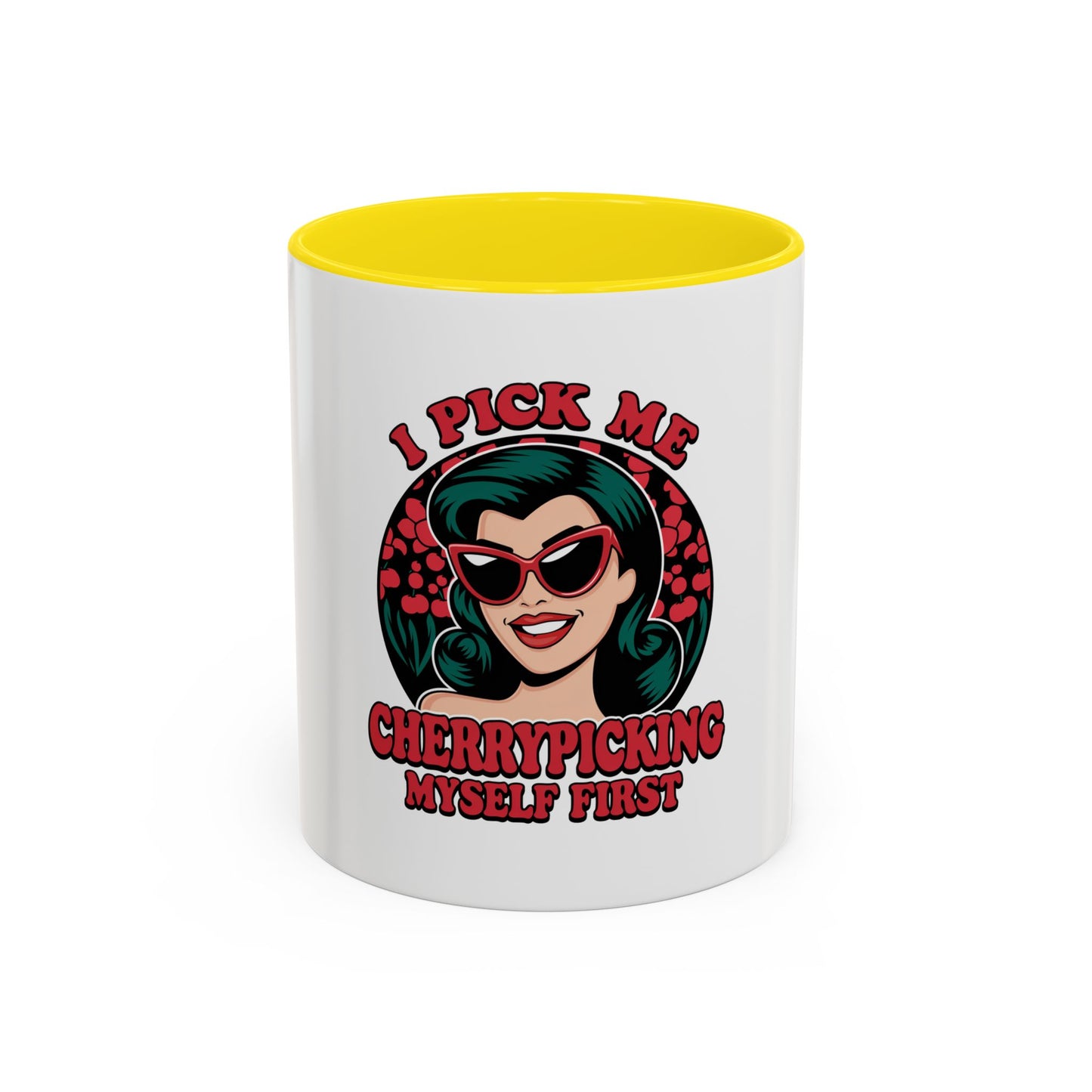Cherry-Picking Accent Coffee Mug - Fun Gift for Coffee Lovers, Pink Handle Mug, Self-Care Reminder, Retro Design, Perfect for Birthdays,