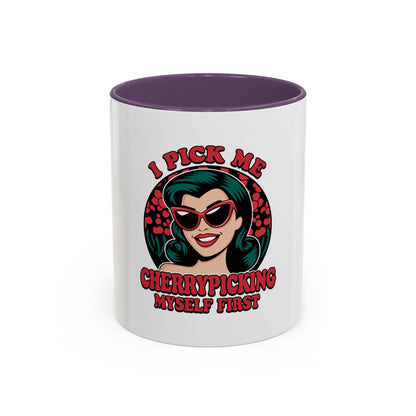 Cherry-Picking Accent Coffee Mug - Fun Gift for Coffee Lovers, Pink Handle Mug, Self-Care Reminder, Retro Design, Perfect for Birthdays,