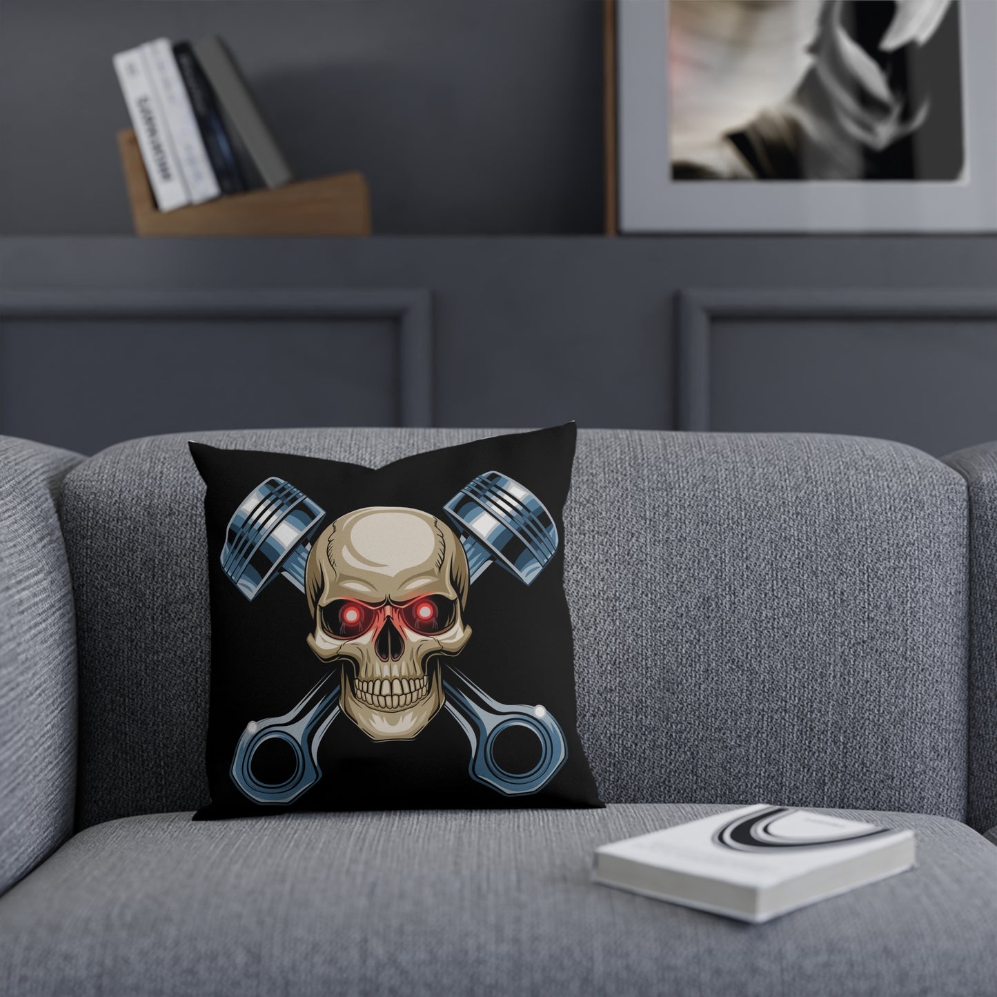 Gothic Skull Piston Cushion, Edgy Home Decor, Motorcycle Enthusiast Gift, Gothic Decor, Halloween Pillow, Statement Throw Pillow