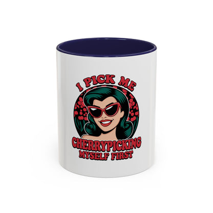 Cherry-Picking Accent Coffee Mug - Fun Gift for Coffee Lovers, Pink Handle Mug, Self-Care Reminder, Retro Design, Perfect for Birthdays,