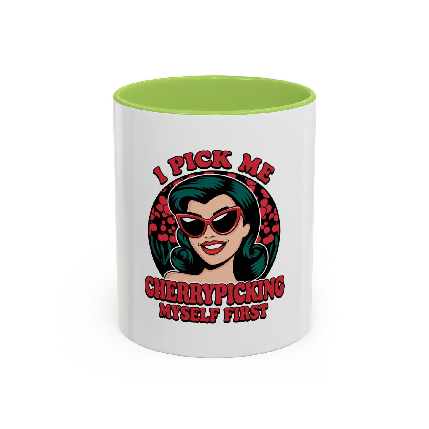 Cherry-Picking Accent Coffee Mug - Fun Gift for Coffee Lovers, Pink Handle Mug, Self-Care Reminder, Retro Design, Perfect for Birthdays,