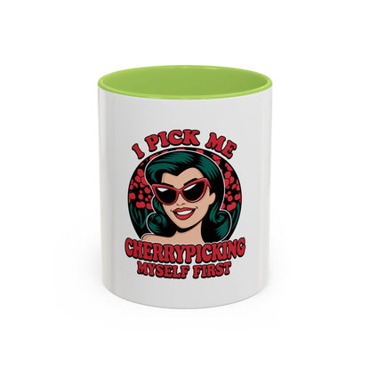 Cherry-Picking Accent Coffee Mug - Fun Gift for Coffee Lovers, Pink Handle Mug, Self-Care Reminder, Retro Design, Perfect for Birthdays,