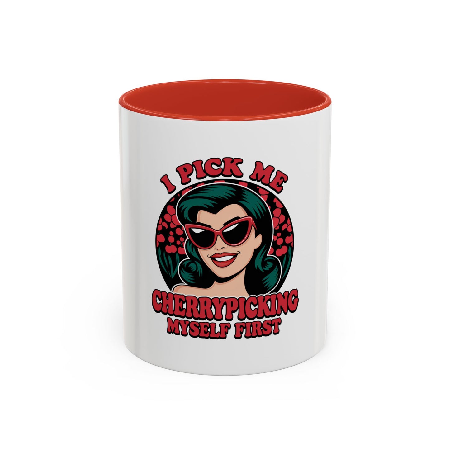Cherry-Picking Accent Coffee Mug - Fun Gift for Coffee Lovers, Pink Handle Mug, Self-Care Reminder, Retro Design, Perfect for Birthdays,