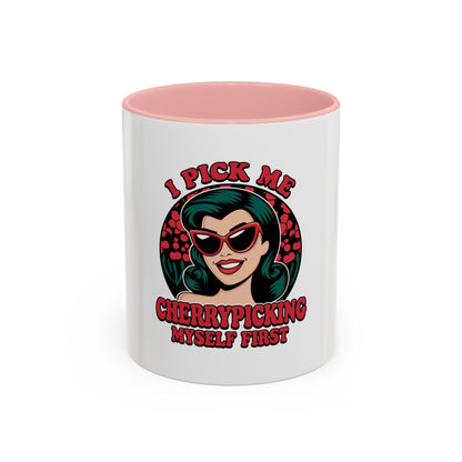 Cherry-Picking Accent Coffee Mug - Fun Gift for Coffee Lovers, Pink Handle Mug, Self-Care Reminder, Retro Design, Perfect for Birthdays,